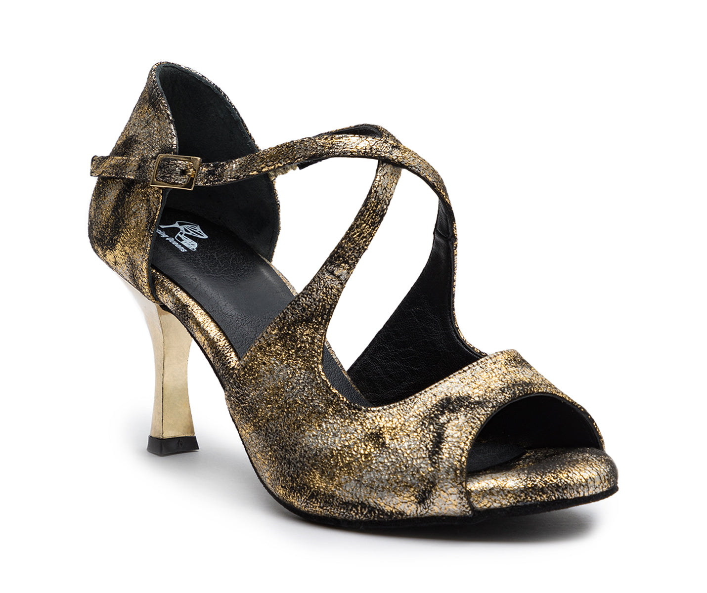 Orion Tanzschuhe in Gold: Offene Zehenpartie, Riemchen-High-Heel mit strukturierter Oberfläche und Knöchelriemen – perfekt für Dancing Queens.